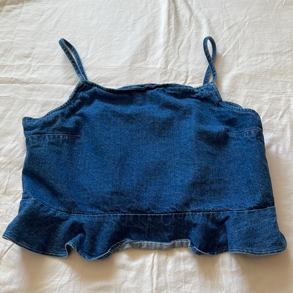 American Eagle Outfitters Dark Blue Denim Ruffle Crop Top